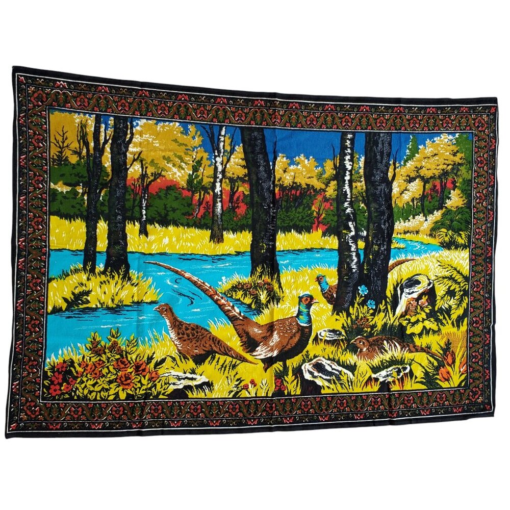 Vintage Velvet Woven Wall Tapestry Pheasant Stream Woods 55.5"W  x 38.5"T